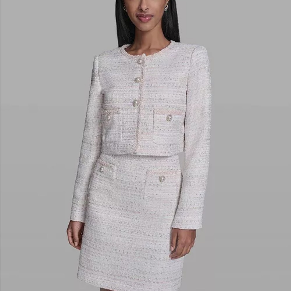 Karl Lagerfeld Paris Women's Metallic Tweed Button-Front Cropped Jacket
